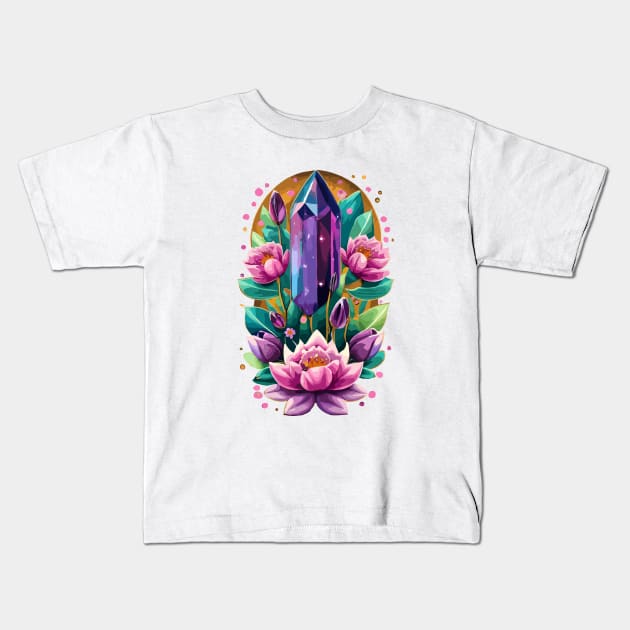 Lotus Flower and Purple Amethyst Crystal Spirituality Kids T-Shirt by Kraina